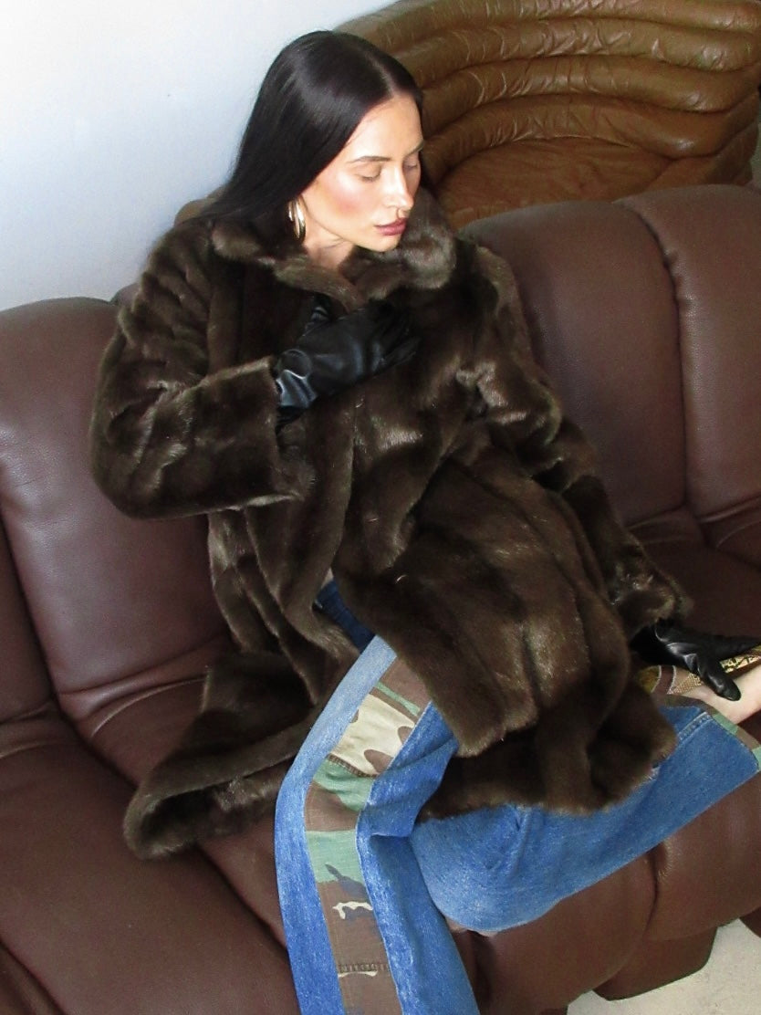 Vintage Brown Faux Fur Mid Length Coat