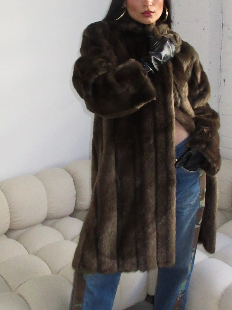 Vintage Brown Faux Fur Mid Length Coat