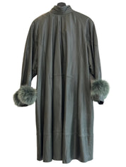 Vintage Green Leather Coat with Fox Fur Cuffs