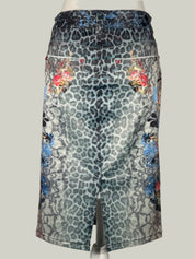 ROBERT CAVALLI LEOPARD FLORAL DENIM SKIRT