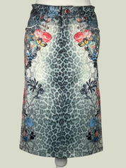 ROBERT CAVALLI LEOPARD FLORAL DENIM SKIRT