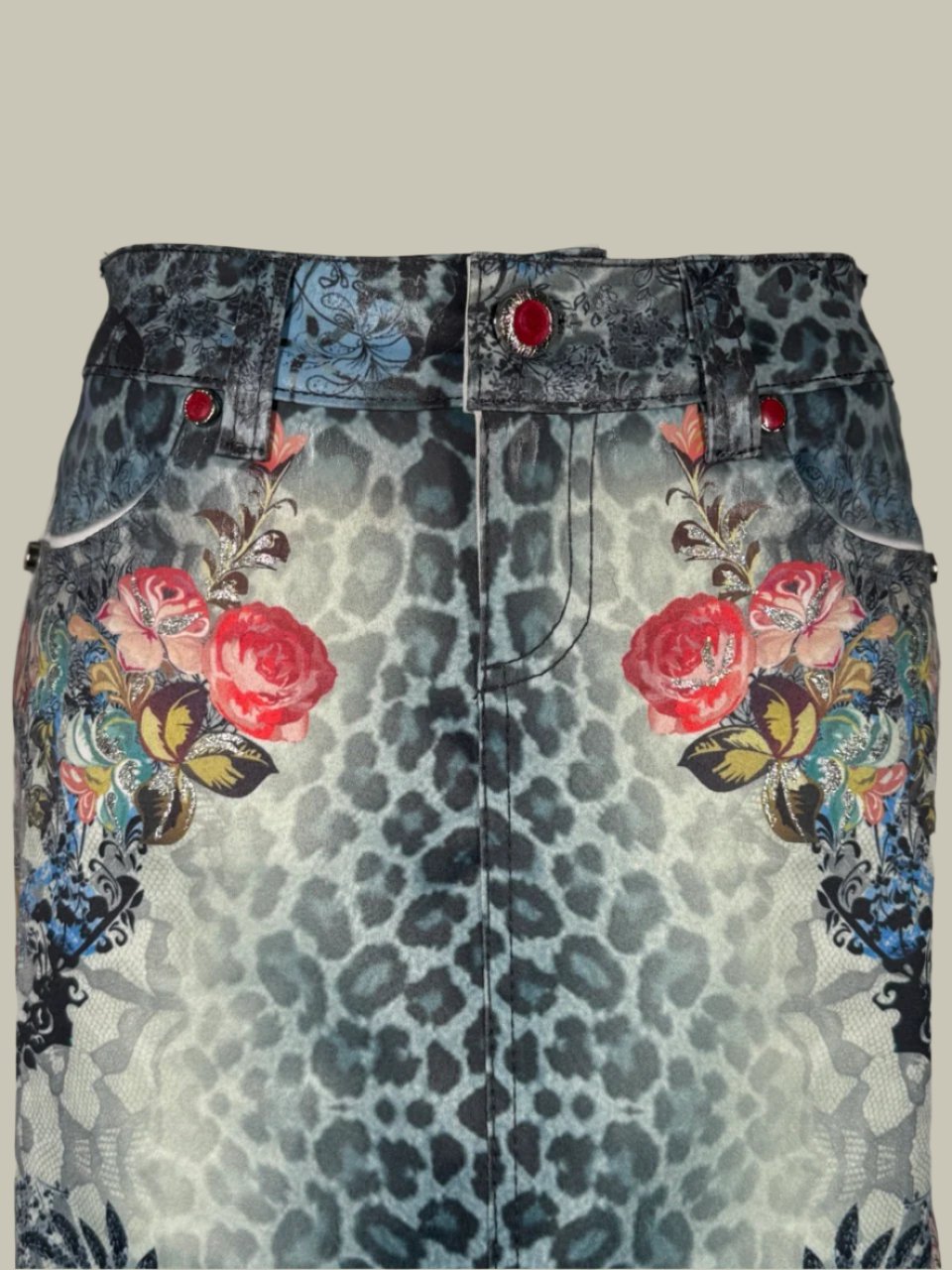 ROBERT CAVALLI LEOPARD FLORAL DENIM SKIRT